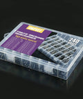 All In One Pro Grade 240Pcs 24 Kinds Electrolytic Capacitors Kit in open clear box showing labels and compartments on black background