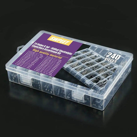 All In One Pro Grade 240Pcs 24 Kinds Electrolytic Capacitors Kit in open clear box showing labels and compartments on black background