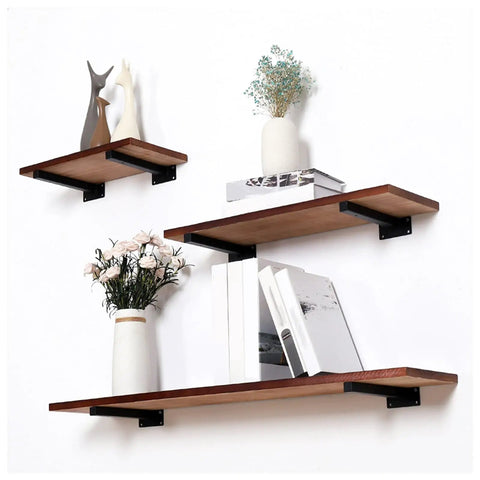 Tough As Nails Dual Pack Wall Mounted Floating Shelf Brackets In Industrial Black with wooden shelves for decorative storage.
