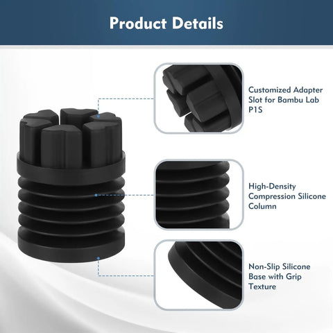 4 Pack Game Changing Anti Vibration Feet For X1 X1C P1P And P1S Printers, high-density silicone shock absorber with adapter slot details.