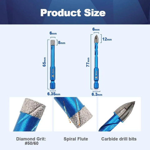 Diamond drill bit set, 5 pieces, blue hex-shank masonry bits for porcelain tile and stone