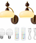 2 Pack Rechargeable Vintage Wooden Wall Sconces RGB Battery Operated Lights with beige shades and remote controls.