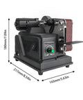 Mini Electric Belt Sander Machine For Jewelry Polishing And Sanding Compact Desktop Grinder For Metals Jade Resin High Precision Abrasive Tool side view with dimensions.
