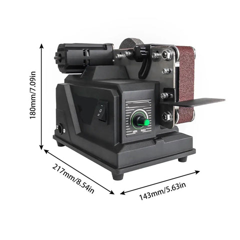Mini Electric Belt Sander Machine For Jewelry Polishing And Sanding Compact Desktop Grinder For Metals Jade Resin High Precision Abrasive Tool side view with dimensions.
