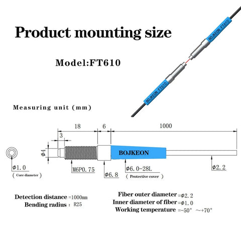 FT610 Diffuse Reflective Optical Fiber Sensor diagram with 1m line, 2mm outer diameter, 1mm inner, M6 probe, rugged TPV housing details.