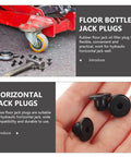 5 Piece Rubber Hydraulic Filler Plugs Set For 5 Sixteen Inch Holes Floor Oil Filler Bung And Automotive Jack Accessory Durable Heavy Duty Rubber Plug Kit For Floor Repair Leak Prevention And Hydraulic System Maintenance shown in use with red floor jack and close-up of two plugs