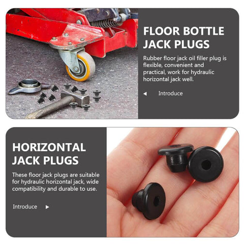 5 Piece Rubber Hydraulic Filler Plugs Set For 5 Sixteen Inch Holes Floor Oil Filler Bung And Automotive Jack Accessory Durable Heavy Duty Rubber Plug Kit For Floor Repair Leak Prevention And Hydraulic System Maintenance shown in use with red floor jack and close-up of two plugs