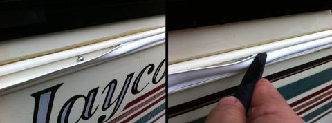 QPN white vinyl 7/8 in insert molding trim screw cover for RV travel trailer; exterior trim shown near edge.
