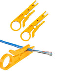 Mini Wire Stripper 3 Pack for Network Cable, RJ45 Cat5 Cat6 Punch Down Cutter, showing yellow tool and stripped cable