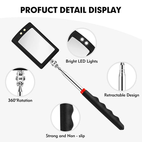 Extendable 12 To 35 Inch Inspection Mirror With 360 Degree Rotating LED Head featuring shatter resistant design and non-slip grip