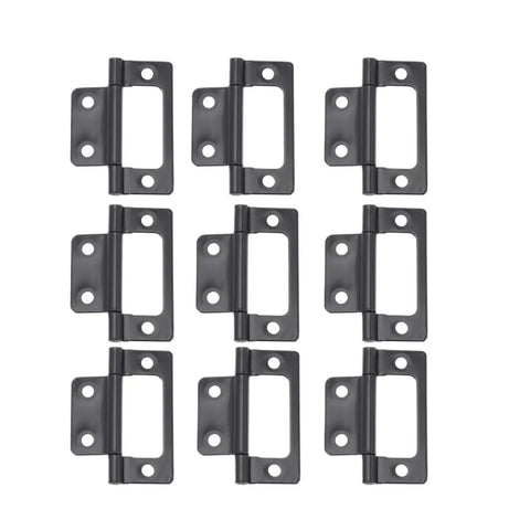 Concealed Rotating Door Hinges 12 Piece Set Black Mini Hinges for Closet Cabinets displayed in two rows, iron material