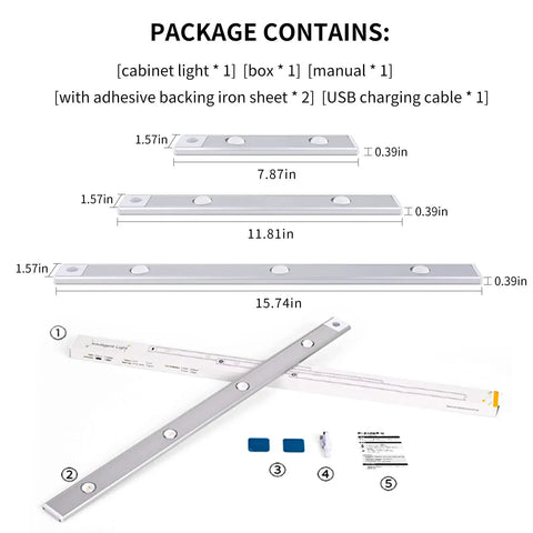 Motion Sensor Under Cabinet LED Lights USB Rechargeable With 3 Light Modes And Stepless Dimming 6500K Daylight 15.74 Inches