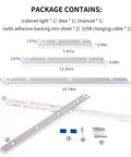 Package includes Under Cabinet LED Lights With Motion Sensor, USB Rechargeable Closet Light, 7.87 inch, adhesive sheets, USB cable.