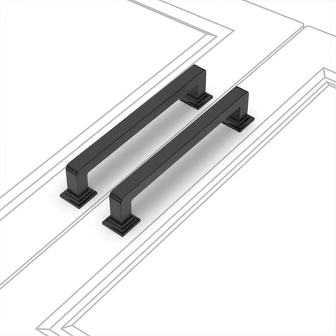Matte Black Cabinet Handles Set 10 Pack Five Inch Center To Center Zinc Alloy Drawer Pulls on white cabinet background