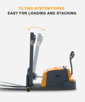 Heavy Duty Full Electric Pallet Stacker And Counterbalanced Forklift Racks Up 3300 LB Capacity For Rough Job Sites Features 118 Inch Lift Height and adjustable tilting system forks.