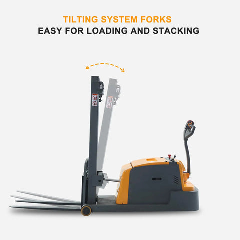 Heavy Duty Full Electric Pallet Stacker And Counterbalanced Forklift Racks Up 3300 LB Capacity For Rough Job Sites Features 118 Inch Lift Height and adjustable tilting system forks.
