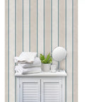 Rustic Victorian Matte Linen Wallpaper, Top Shelf Vinyl Free Type Two Wall Wrap, beige striped design with towels and plant