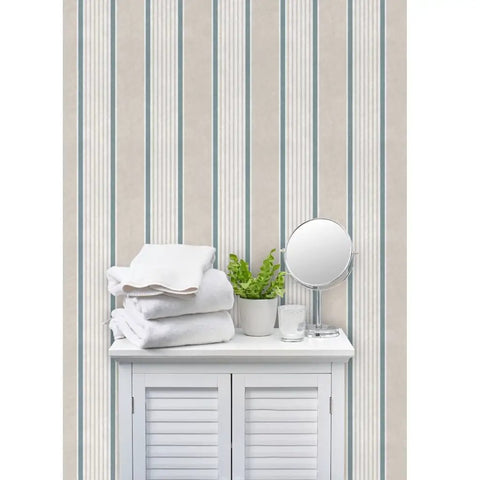 Rustic Victorian Matte Linen Wallpaper, Top Shelf Vinyl Free Type Two Wall Wrap, beige striped design with towels and plant