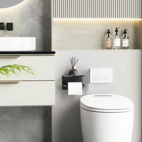 Black Toilet Paper Holder With Shelf And Phone Shelf Self Adhesive No Drill Wall Mount Stainless Steel Front Folding Design