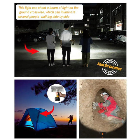 Cordless 40W LED Work Light with 4200LM beam illuminating outdoors and underground scenes, versatile and portable flood spotlight.