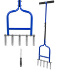 5 Stainless Steel Corer Lawn Aerator with Soft Rubber Grip, manual plug aerator tool showing blue frame and steel spikes