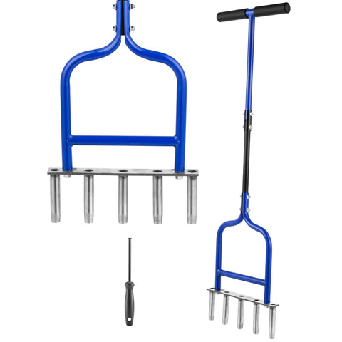 5 Stainless Steel Corer Lawn Aerator with Soft Rubber Grip, manual plug aerator tool showing blue frame and steel spikes