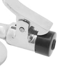 Close-up of marine-grade 316 stainless steel door stopper catch with black bumper.