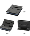 Badass Heavy Duty Two Pack Shower Door Hinges With Tight Seal Gaskets Slick Stainless Steel Glass Panel Brackets angled at 135, 90, and 180 degrees.