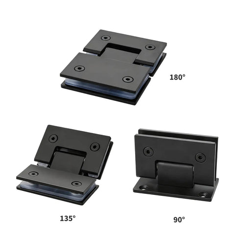 Badass Heavy Duty Two Pack Shower Door Hinges With Tight Seal Gaskets Slick Stainless Steel Glass Panel Brackets angled at 135, 90, and 180 degrees.