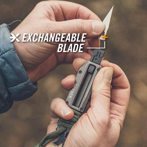 Person holding Prybrid X EDC Multitool Pocket Knife With Retractable Box Cutter Blade And Pry Bar 8 In 1 All In One Utility Tool Wire Stripper
