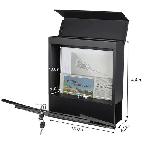 Sturdy Heavy Duty Large Capacity Wall Mount Mailbox With Lock And Newspaper Compartment For Outdoor Use Built To Last Black Galvanized Steel Mailbox With Two Keys open