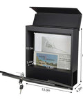 Large Capacity Mailbox With Key Lock For Outside, Wall Mount Steel Mailbox With Newspaper Compartment, Heavy Duty Outdoor Mailbox, 14.4 x 13 x 4.2 Inches, Black, shown with dimensions and open lid.