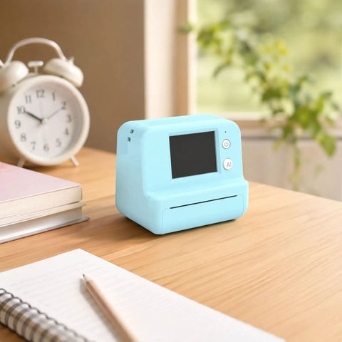 Rock This Slick AI Voice Mini Thermal Printer With Bright Display And Awesome Creative App For Kids Speech To Line Art Drawing Anime Sketch And Hype Storytelling Portable Prints on a desk with notebooks.