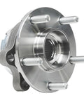 Silver wheel bearing hub unit with 5-lug design for Nissan Altima Maxima Pathfinder Murano Infiniti QX60 JX35 FWD vehicles.