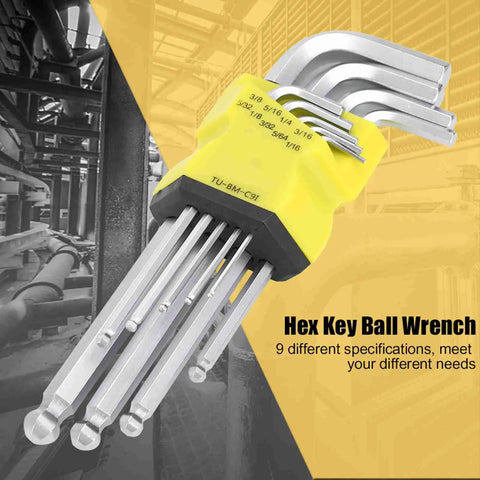 Super Durable 9Pcs Ball End Hex Key Wrench Set Made From Chrome Vanadium Steel Perfect For Mechanics And Pros Who Need A Killer L Shape Tool Kit That Will Last A Lifetime In The Garage, 9pc ball end hex keys inch sizes in holder