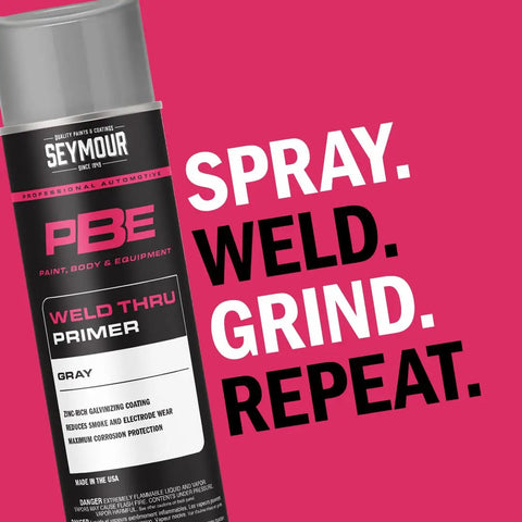 Can of Professional Self Etching Weld Through Gray Primer For Metal Surfaces With Zinc Enhanced Coating next to bold text.