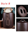 Hella Durable Ceramic Rice Jar And Airtight Storage Container For Coffee Beans Tea Flour Pet Food And Grains With Secure Lid Options for kitchen organization, showcasing a purple clay jar being filled with rice.