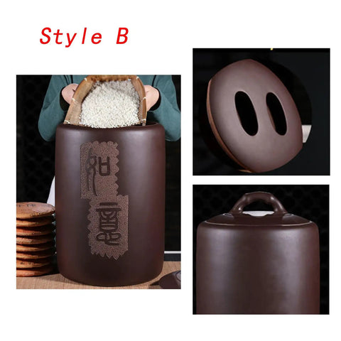 Heavy Duty Purple Clay Ceramic Storage Jar holding rice, features a secure lid, designed for pantry use.
