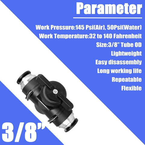 Three Eighths Inch Push To Connect Pneumatic Valve With Ball Valve For Air Flow Control And Quick Connect Air Line Fittings