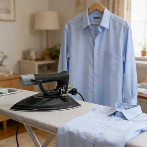 Heavy Duty Commercial Steam Iron Featuring Badass High Pressure Performance For Smooth Garment Pressing Factory Dry Cleaning And Bulletproof Temperature Control on ironing board with blue shirts.