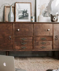 European Antique Cabinet Pulls And Drawer Handles With Brass Finish on vintage wooden sideboard in living room setup