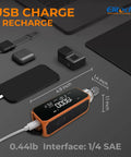 Front view of Elitech VGW-Mini wireless digital vacuum gauge with 1/4 SAE port; orange and black, USB charging.