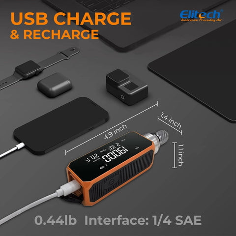 Front view of Elitech VGW-Mini wireless digital vacuum gauge with 1/4 SAE port; orange and black, USB charging.