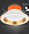 WKNHHL Recessed Lighting Housing Trim Kits Round Led Downlight Recessed Ultra Slim Chrome Aluminum Spotlight Commercial Clothing Mall Market Panel Ceiling Lights,White Ligh,Whit, 5W white light fixture with gold trim.