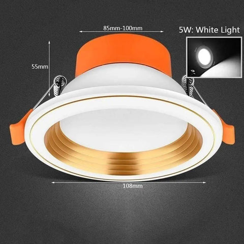 WKNHHL Recessed Lighting Housing Trim Kits Round Led Downlight Recessed Ultra Slim Chrome Aluminum Spotlight Commercial Clothing Mall Market Panel Ceiling Lights,White Ligh,Whit, 5W white light fixture with gold trim.
