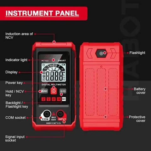 Front and back view of Smart Auto Ranging Digital Multimeter TM 510 4000 Counts with Non Contact Voltage Detection features.