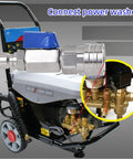Blue-handled stainless steel ball valve with 3/8 in. quick-connect fittings installed on a 4500 PSI power washer hose