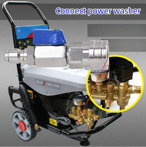 Blue-handled stainless steel ball valve with 3/8 in. quick-connect fittings installed on a 4500 PSI power washer hose