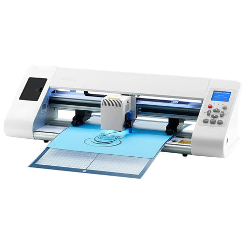 Pro Vinyl Cutter With Auto Edge Detection And Design Software for DIYers in action cutting a blue material sheet