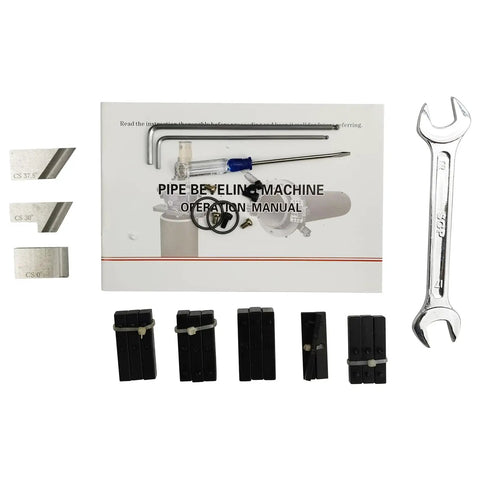 Heavy Duty Electric Pipe Beveling And Chamfering Machine tools including blades, manual, and wrench for precision operation.